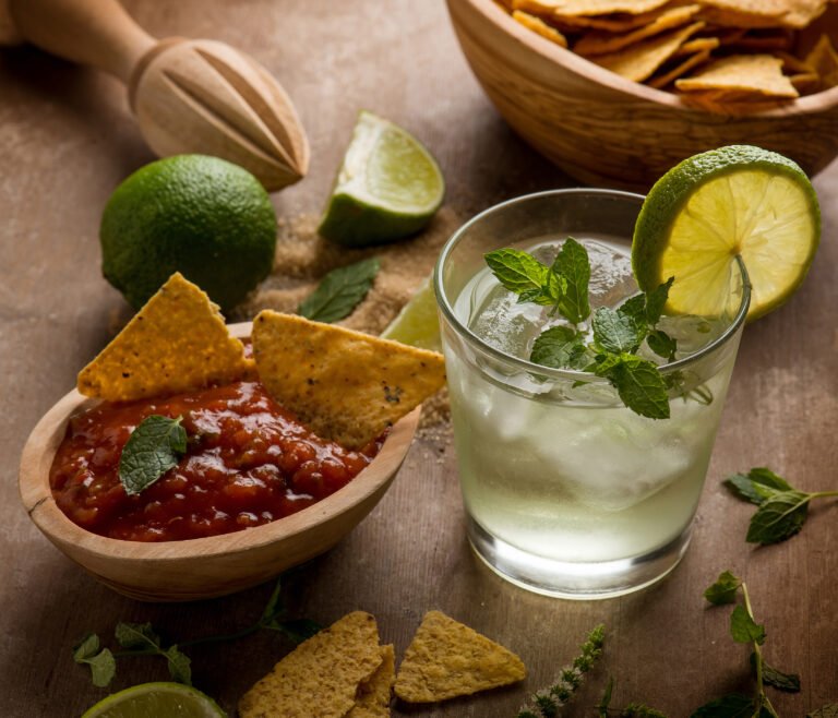 mojito cocktail with chips sauce and ingredients